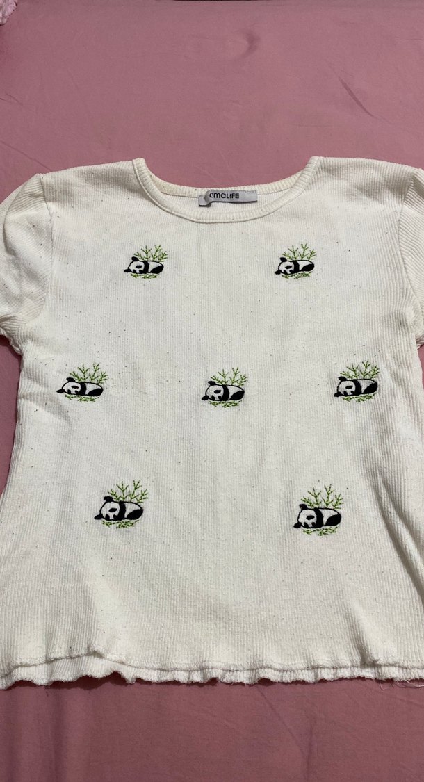 Beyaz kadın Panda Baskılı Tişört - Görsel 2