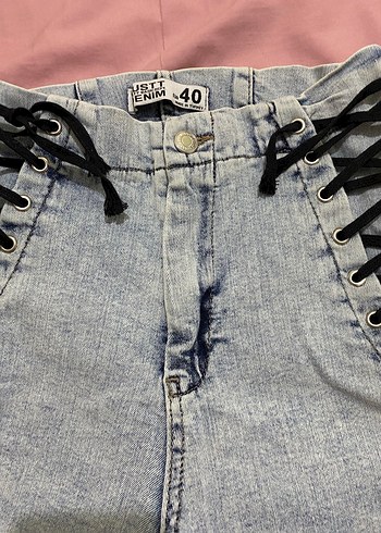 Bağcıklı Kısa Denim Mavi Kot Şort - Görsel 4