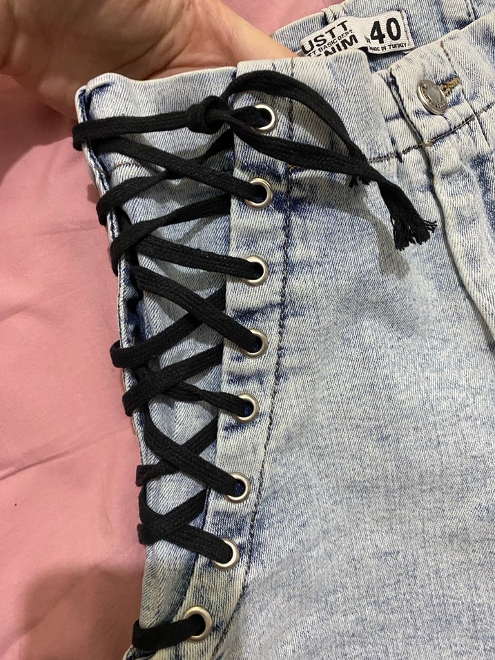 Bağcıklı Kısa Denim Mavi Kot Şort - Görsel 3