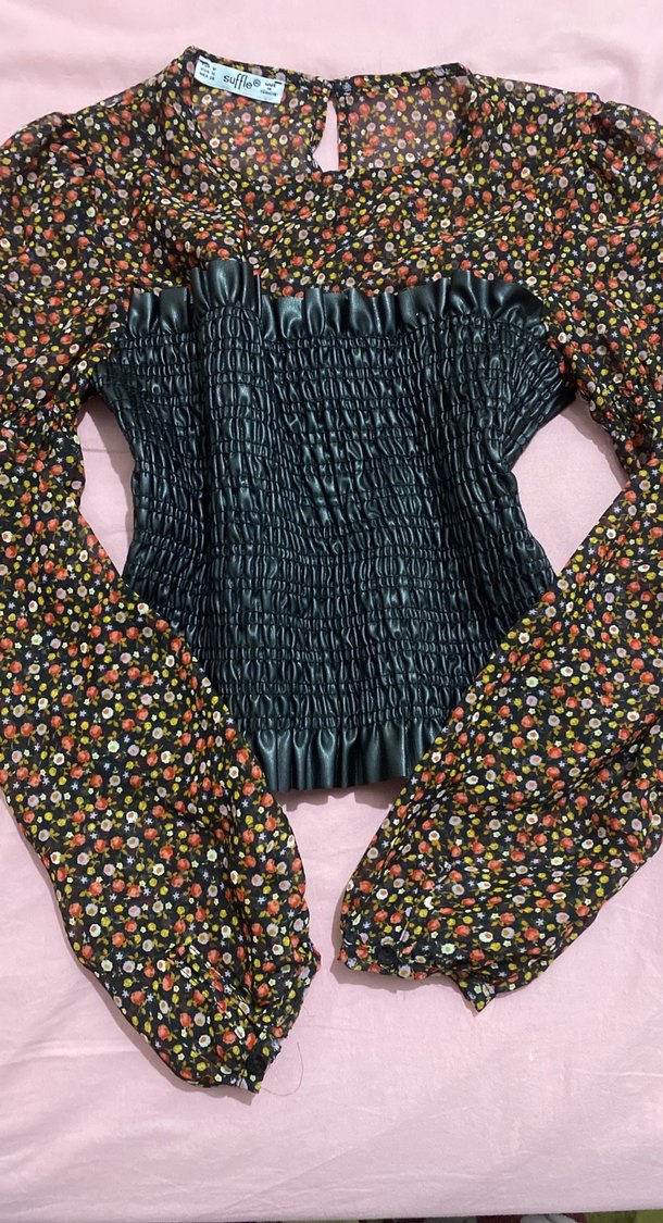 Çiçek Desenli, Pilili Kadın Bluz - Görsel 2