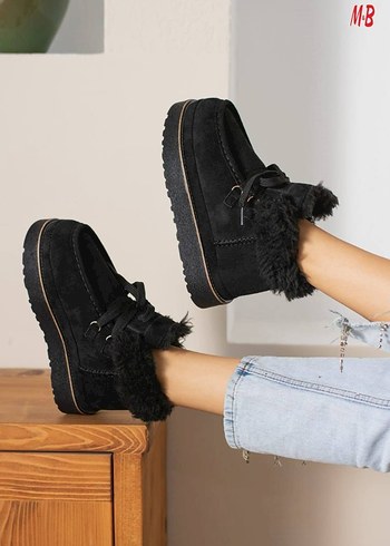 Ugg Siyah Süet Tüylü Dolgu Topuklu Kadın Bot