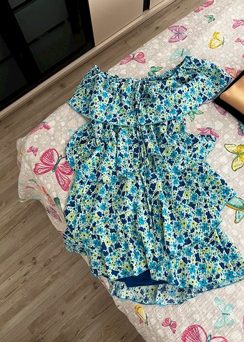 Çiçek Desenli Fırfırlı Mavi Kız Elbisesi