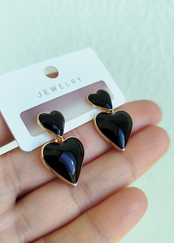 Parlak Siyah Mini Kalp Küpeler - Görsel 2