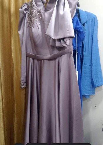 Lila Uzun Kollu Drapeli Abiye Elbise çok kaliteli sateni vardı - Görsel 2