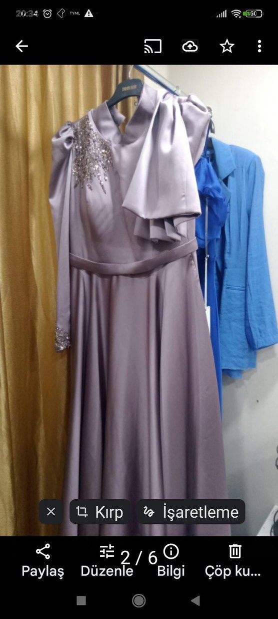 Lila Uzun Kollu Drapeli Abiye Elbise çok kaliteli sateni vardı - Görsel 2