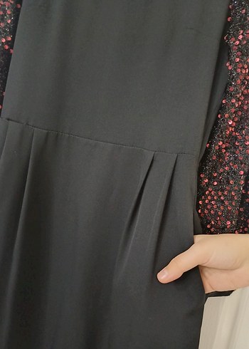 Uzun Kollu Siyah Pul İşlemeli Kadın Elbise - Görsel 6