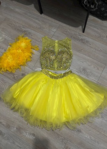 Sarı Mini Payetli Straplez Abiye Elbise - Görsel 4