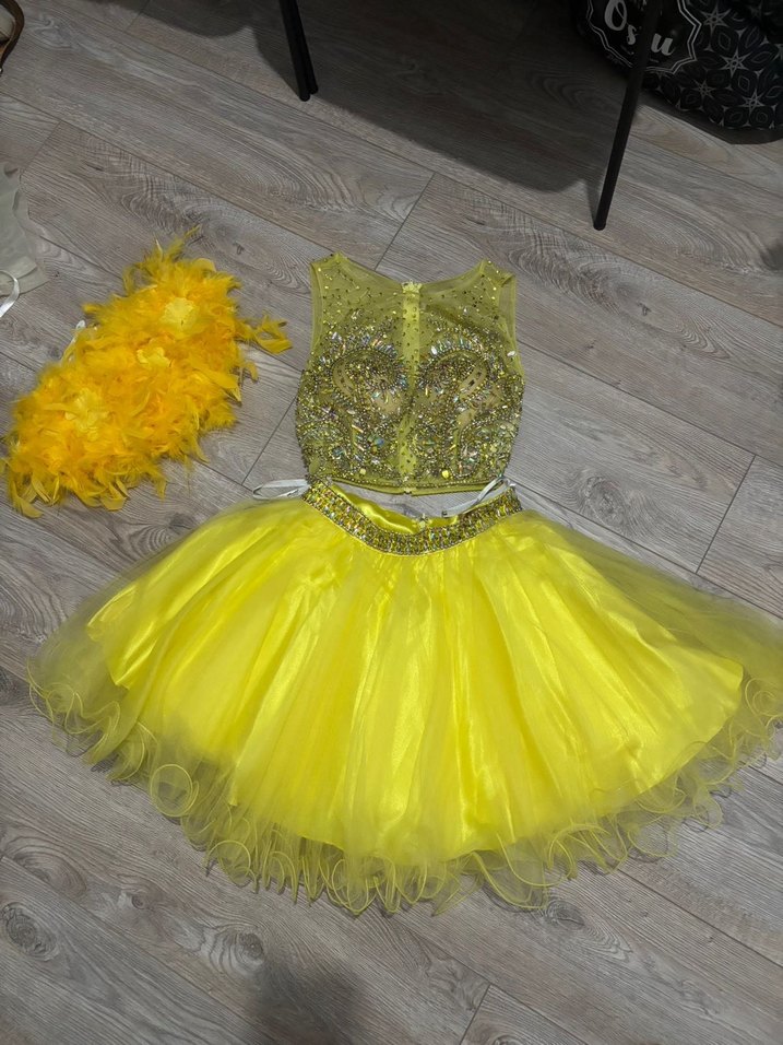 Sarı Mini Payetli Straplez Abiye Elbise - Görsel 4