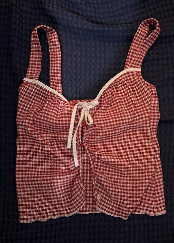 Kırmızı Ekose askılı Pliseli Kadın Crop