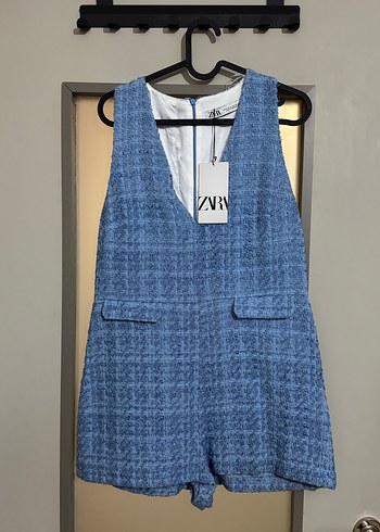 Mavi Örgü Detaylı Denim Kolsuz Tulum