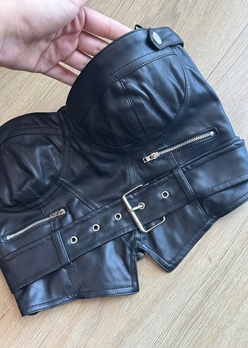 Kemerli Siyah Deri Biker Büstiyer - Görsel 4