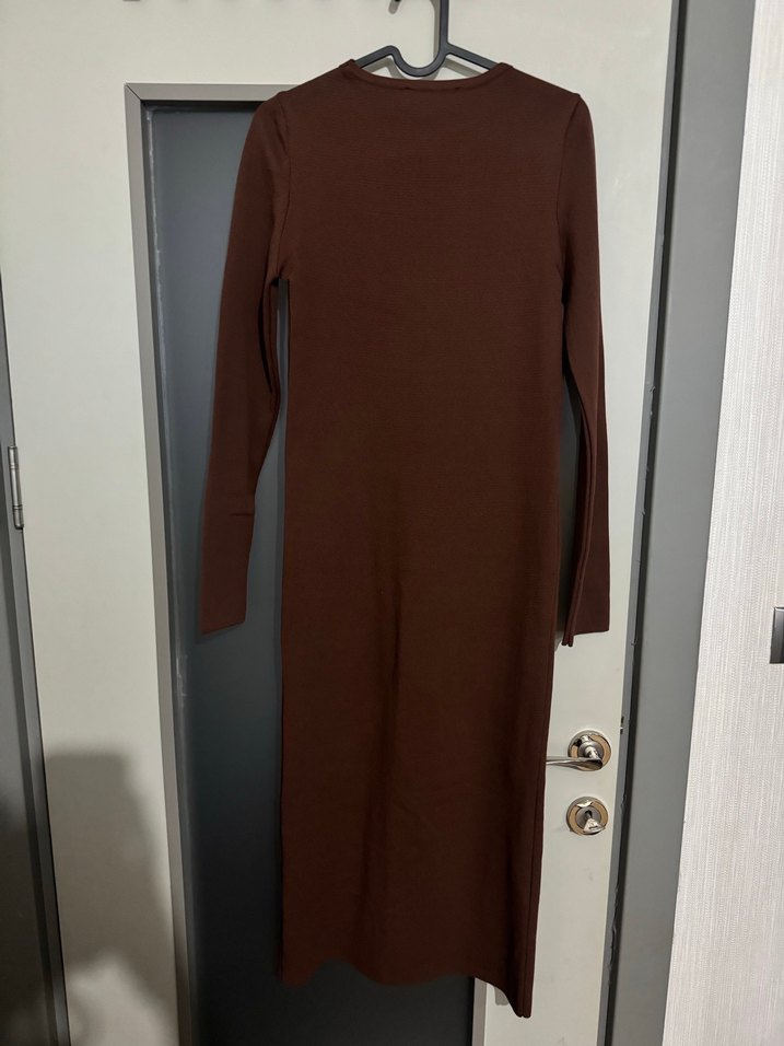 Kahverengi Uzun Kollu Dar Kesim Elbise - Görsel 2