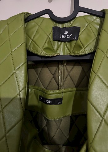 Yağ yeşili kapitone ceket etek takım - Görsel 4