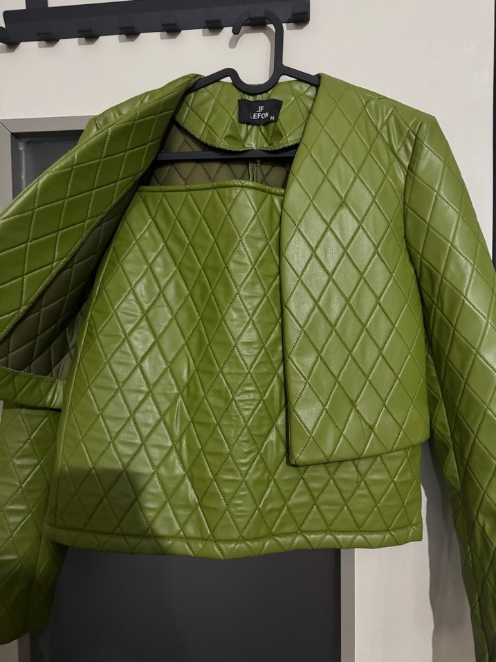 Yağ yeşili kapitone ceket etek takım - Görsel 5