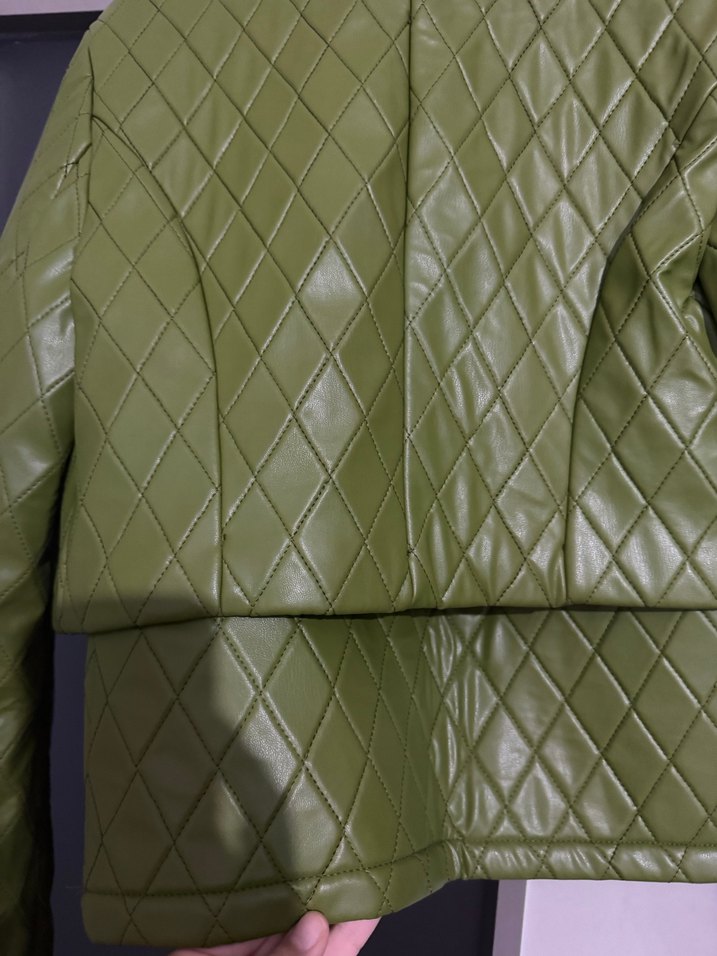 Yağ yeşili kapitone ceket etek takım - Görsel 3