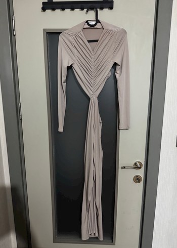 Bej Uzun Drapeli Kadın Elbise - Görsel 2