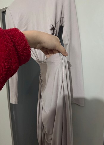 Bej Uzun Drapeli Kadın Elbise - Görsel 4