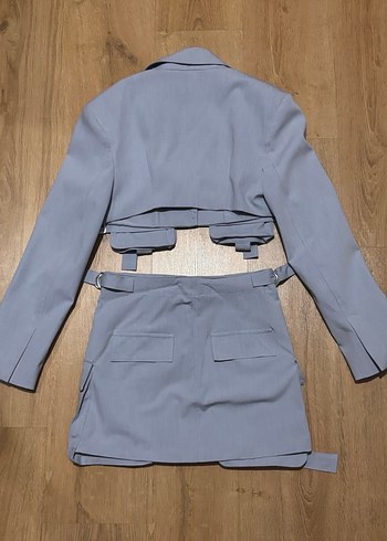 Buz mavisi Kemerli Mini Kadın Blazer Ceket etek takım - Görsel 2