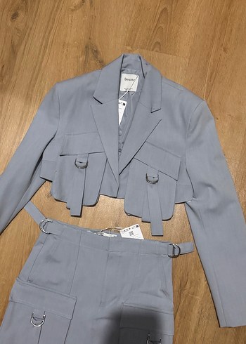 Buz mavisi Kemerli Mini Kadın Blazer Ceket etek takım - Görsel 3