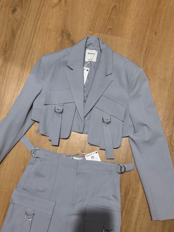 Buz mavisi Kemerli Mini Kadın Blazer Ceket etek takım - Görsel 3