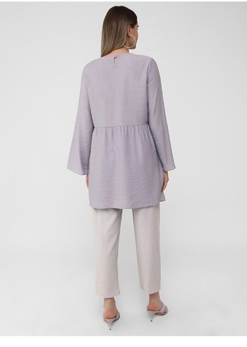 Lila Pamuk Kadın Midi Tunik, Uzun Kollu, Salaş - Görsel 6