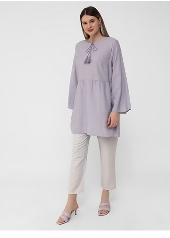 Lila Pamuk Kadın Midi Tunik, Uzun Kollu, Salaş - Görsel 3