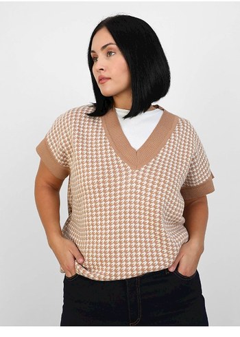 V Yaka Büyük Beden Kazayağı Desenli Süveter - Görsel 7