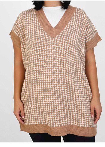 V Yaka Büyük Beden Kazayağı Desenli Süveter - Görsel 4