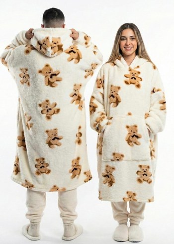 Kapüşonlu siyah Ayıcık Desenli giyilebilir battaniye - Görsel 4