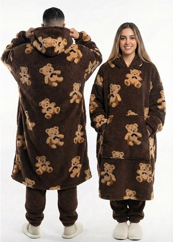 Kapüşonlu siyah Ayıcık Desenli giyilebilir battaniye - Görsel 2