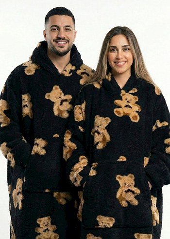 Kapüşonlu siyah Ayıcık Desenli giyilebilir battaniye - Görsel 3