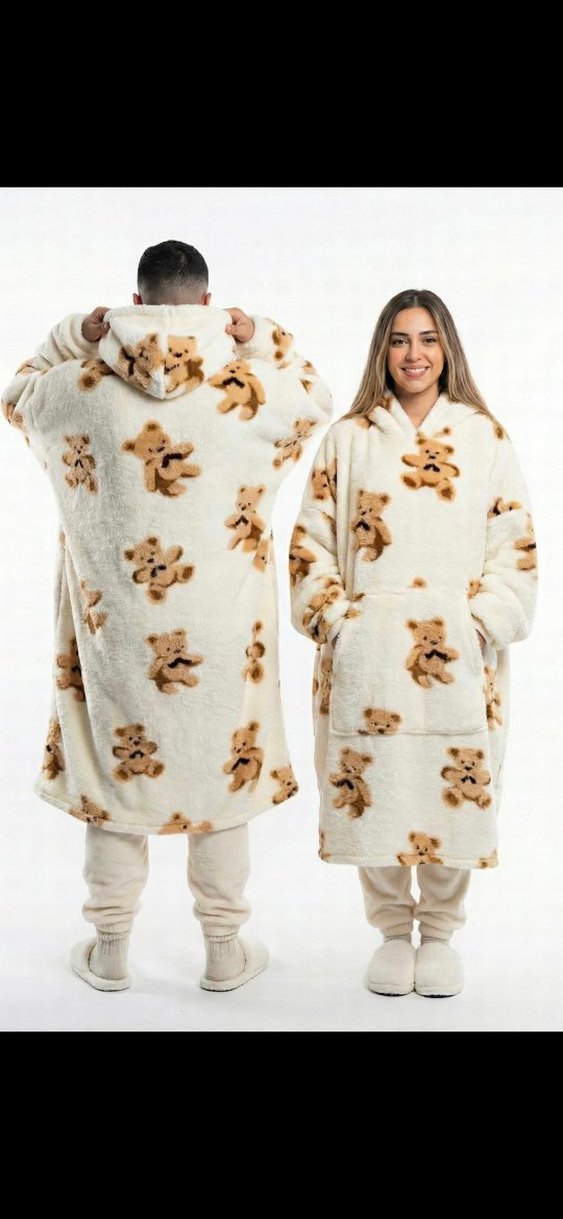 Kapüşonlu siyah Ayıcık Desenli giyilebilir battaniye - Görsel 4