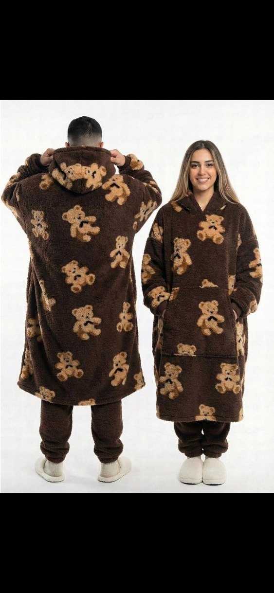 Kapüşonlu siyah Ayıcık Desenli giyilebilir battaniye - Görsel 2