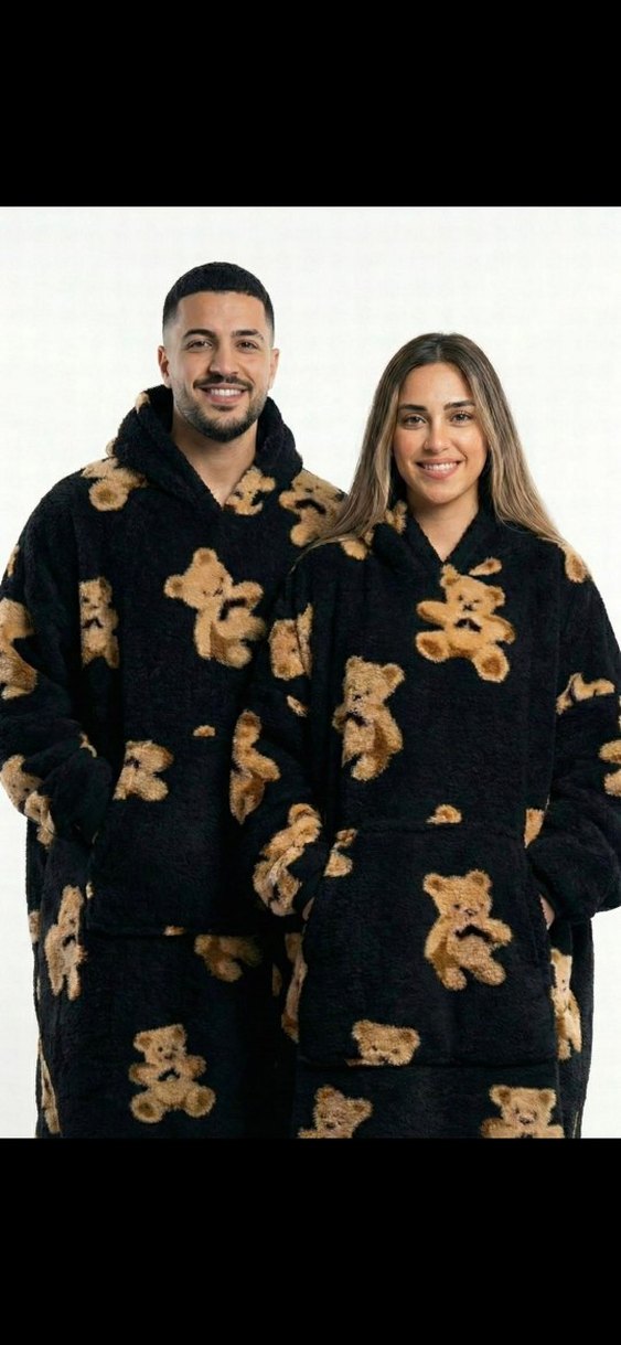 Kapüşonlu siyah Ayıcık Desenli giyilebilir battaniye - Görsel 3