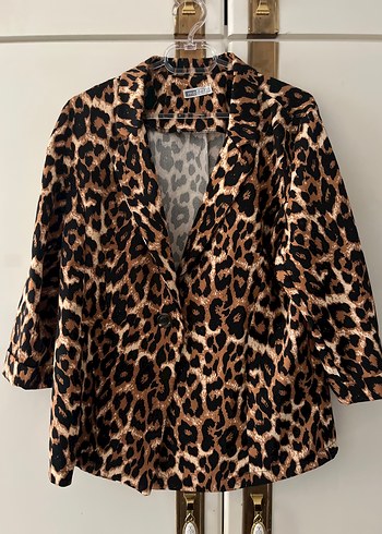xl Beden kahverengi Renk Leopar Desenli Düğmeli Kadın Blazer