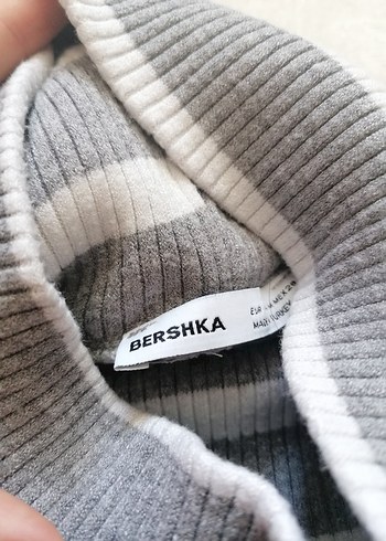 Bershka Gri Çizgili Boğazlı Kadın Triko Kazak