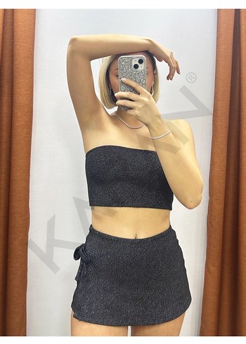 s Beden Kadın Simli Şort Etek Crop Takım