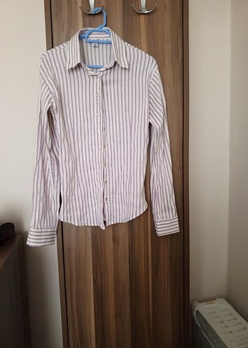 Bej Çizgili Kadın Keten Gömlek - Görsel 2