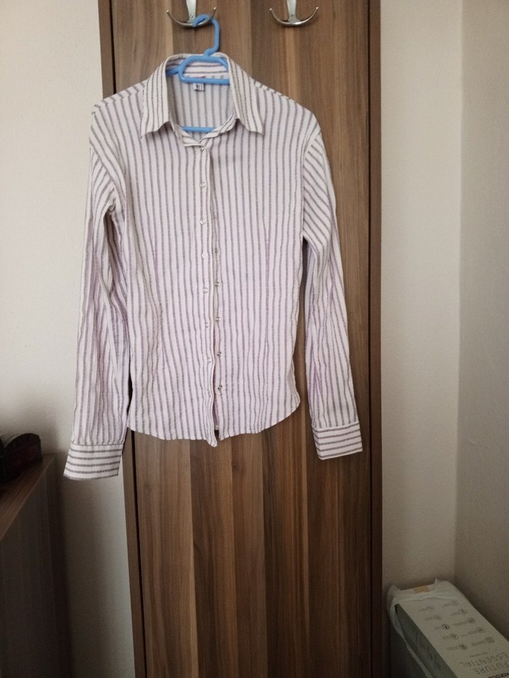 Bej Çizgili Kadın Keten Gömlek - Görsel 2