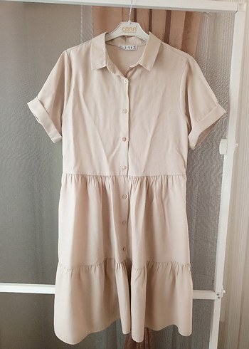 Bej Kısa Keten Elbise Düğmeli - Görsel 2