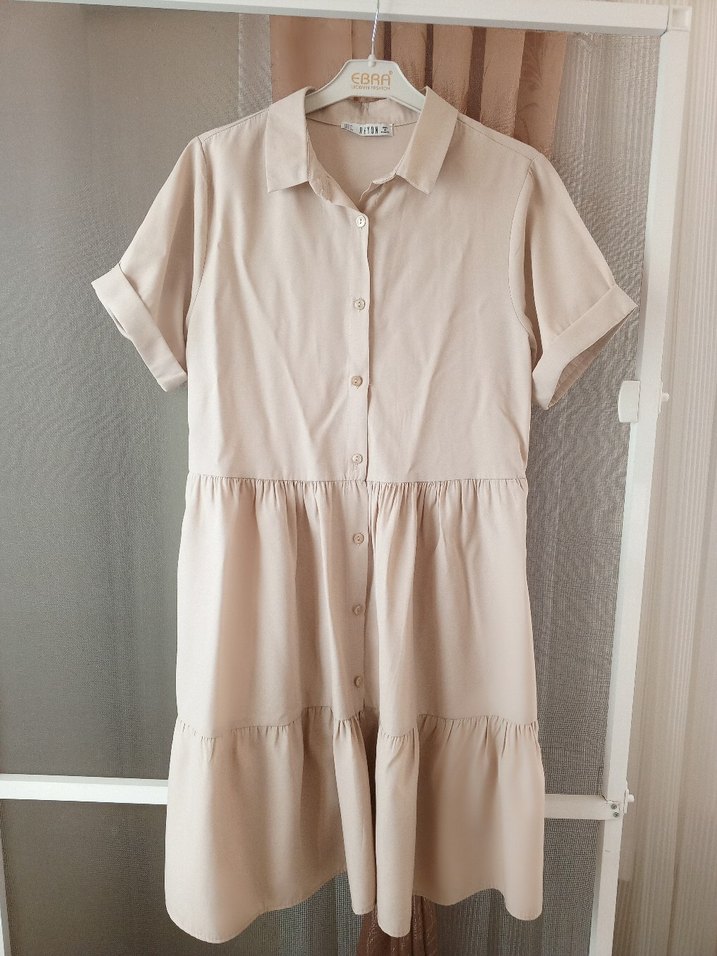 Bej Kısa Keten Elbise Düğmeli - Görsel 2