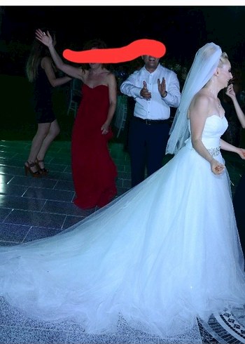 Uzun Beyaz Straplez prenses Kesim Gelinlik - Görsel 5