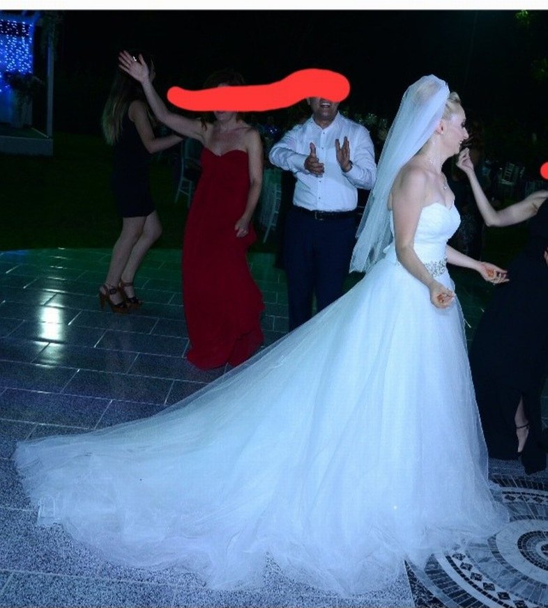 Uzun Beyaz Straplez prenses Kesim Gelinlik - Görsel 5