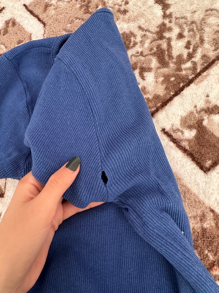 Koyu Mavi Kadın Kısa Kollu Triko Tişört - Görsel 2