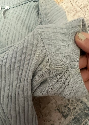 bebek mavisi V Yaka Kısa Kollu Triko Tişört - Görsel 2