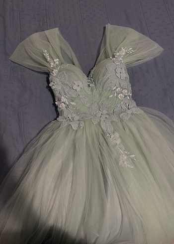 dantel ve nakış detaylı V yaka uzun su yeşili elbise lentamoda - Görsel 3