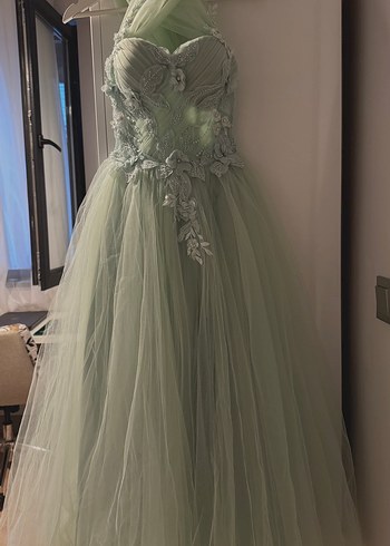 dantel ve nakış detaylı V yaka uzun su yeşili elbise lentamoda - Görsel 2