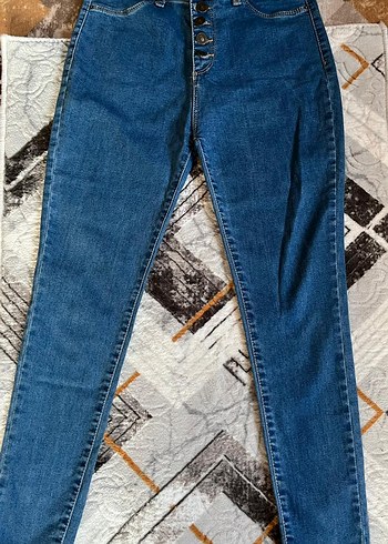Düğmeli Mavi Denim Kadın Pantolon