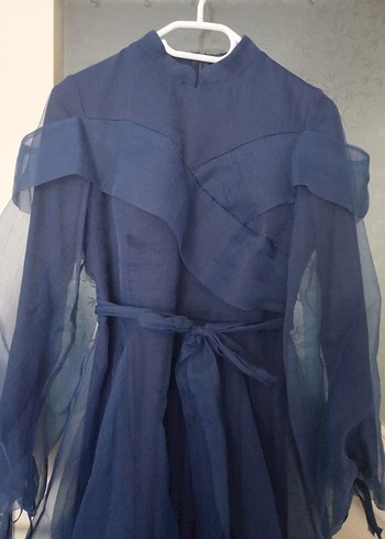 Uzun Lacivert Drapeli Tüllü Kadın Abiye Elbise - Görsel 3