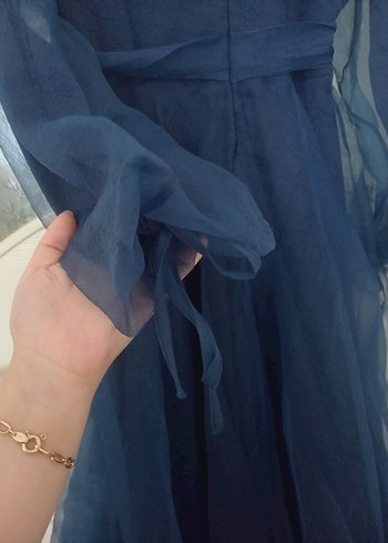 Uzun Lacivert Drapeli Tüllü Kadın Abiye Elbise - Görsel 2